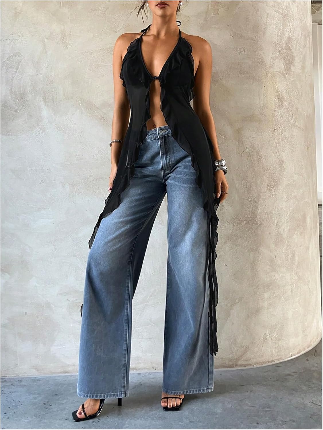 SOLY HUX Women's Sleeveless Asymmetrical Ruffle Flowy Halter Top Open Back Camisole Party Clubwear - Image 2