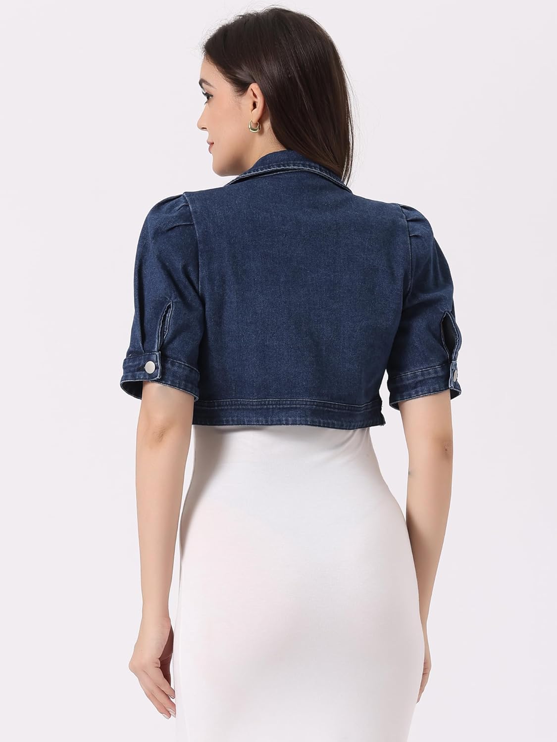 Allegra K Cropped Denim Jacket for Women Casual Short Puff Sleeve Lapel Open Front Jean Jackets Summer Outwear - Image 3