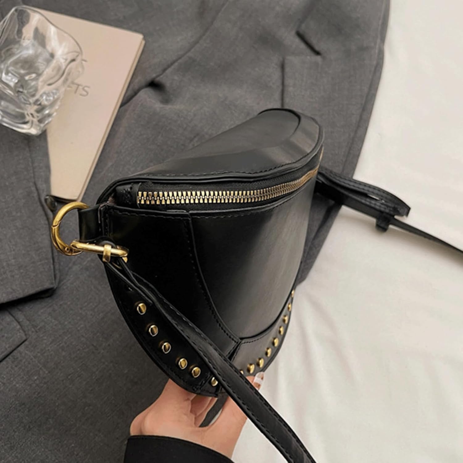 Checkered Crossbody Bag Studded Checkerboard Crossbody Bum Bag Alt Crescent Saddle Purse Studded Half Moon Handbag with Pouch