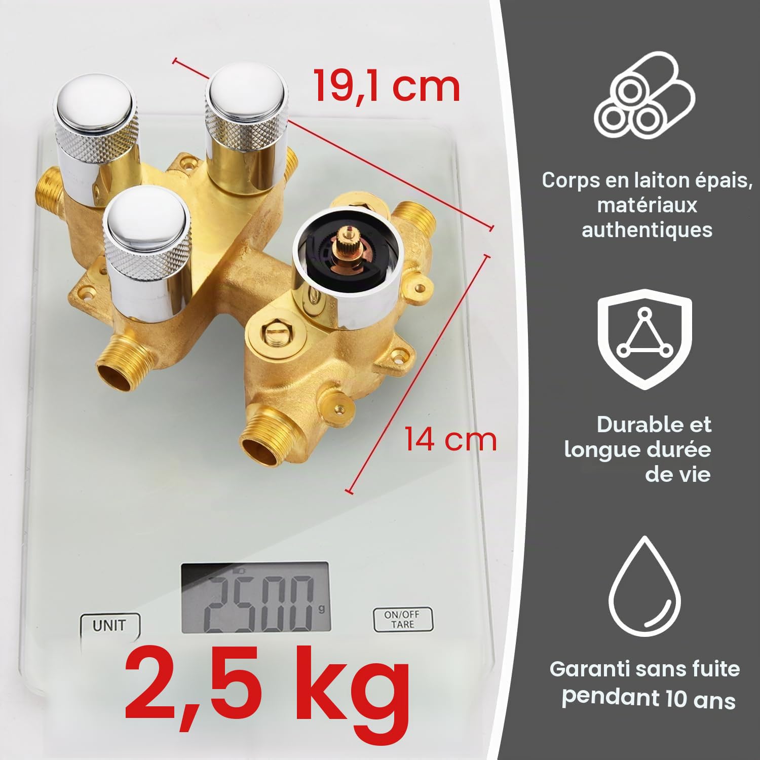 Mitigeur de douche thermostatique 3 voies dissimulé – Vanne inverseur chromée à 3 sorties avec bouton poussoir, débit et température réglables, fonctionnement simultané