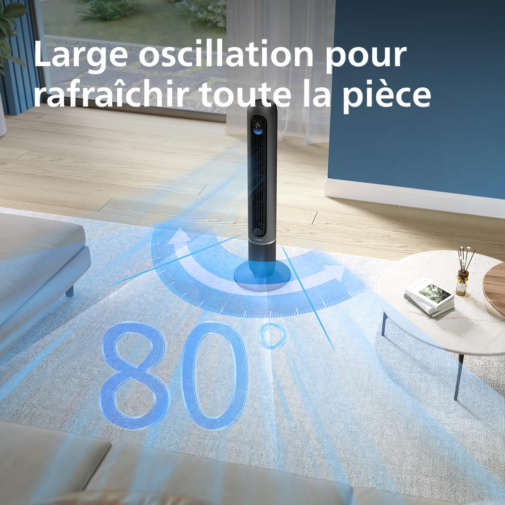 PHILIPS Ventilateur Colonne Série 7000 - Ventilateur connecté, Puissant 8,4 m/s, ultra-silencieux 22 dB, mode Sommeil, 12 vitesses, affichage température, minuterie 12h, oscillation 80° (CX7550/01)