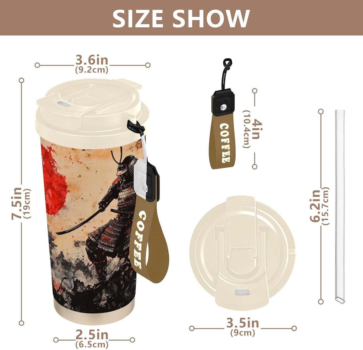 Samruai Japanese Vintage Insulated Coffee Mug with Straw & Flip Lid, 16.9oz Iced Tumbler Cup, Double Wall Vacuum Leak-Proof Mug for Travel Office
