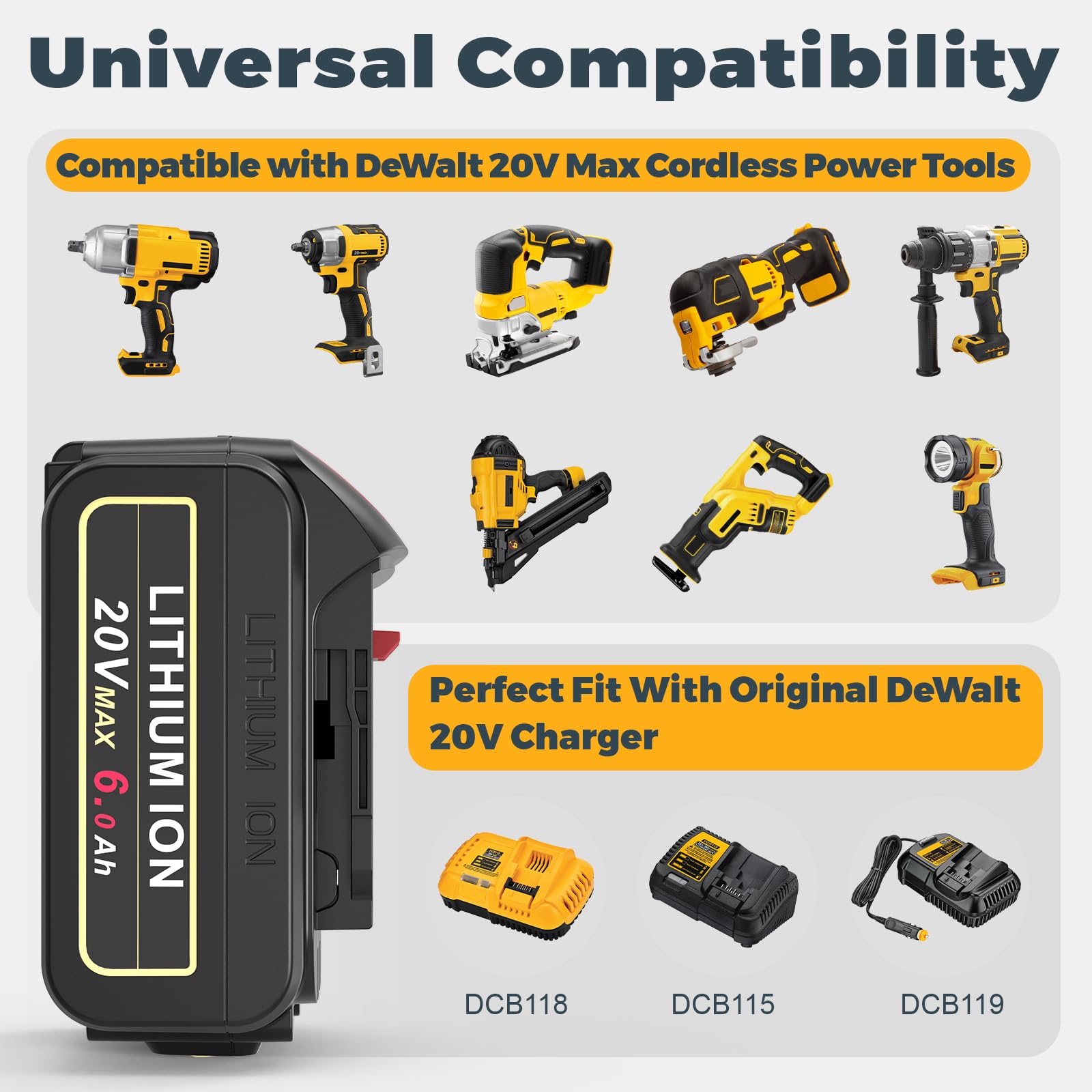 PENGJBATTER Paquete de 4 baterías de repuesto de 20 V 6.0 Ah para batería Dewalt de 20 V con cargador DCB102 de doble puerto de 20 V, batería de 20 V 6.0 Ah con cargador de 20 V compatible con