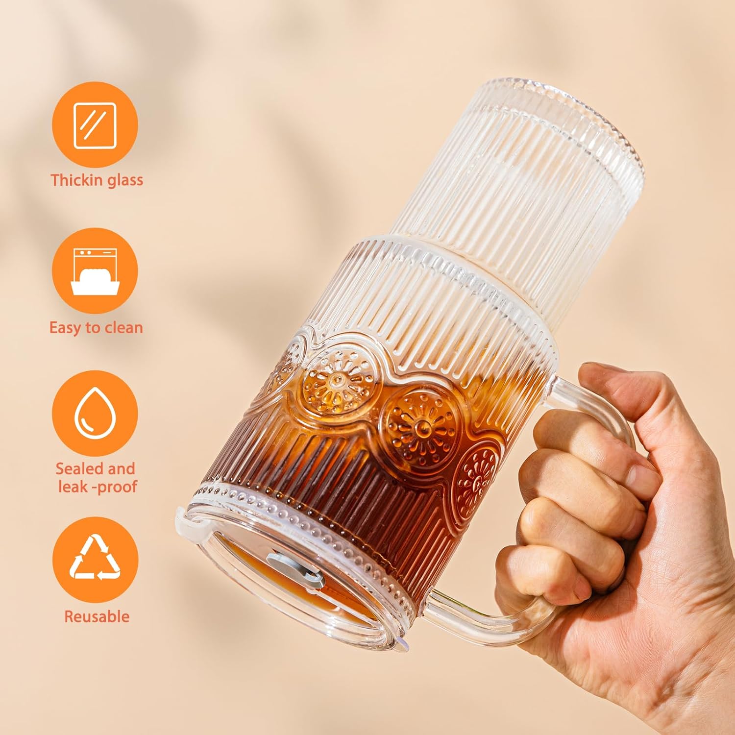 26oz Ribbed & Floral Glass Tumbler with Handle, Reusable Iced Coffee Tumbler with Lid & Straw for Hot & Cold Drinks – Perfect for Coffee, Smoothies, Matcha, Whiskey (Set of 1) - Image 3