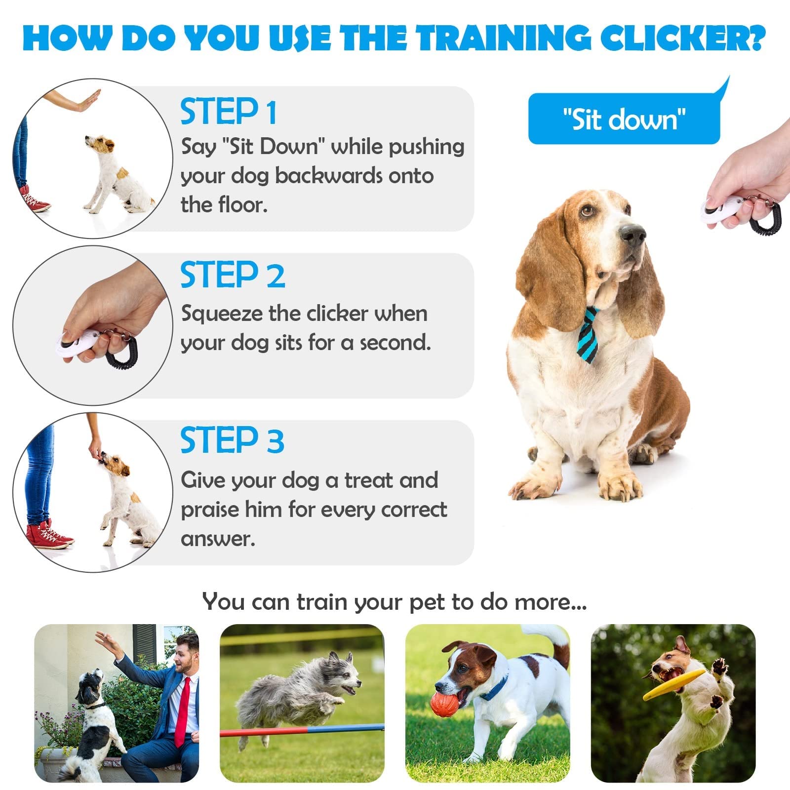 Dog Buttons 2-Pack Pet Training Clickers With Wrist Straps - Dog, Cat, Bird Clicker For Obedience (Blue & White) Dog Stuff