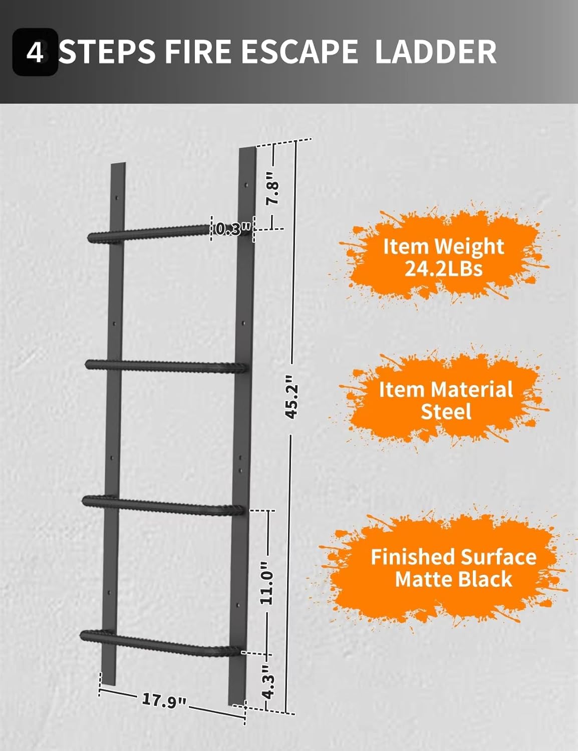 4-Rung Window Well Ladder, Heavy Duty Steel Basement Egress Ladder, Fire Escape Ladder for Emergency Home Safety(45.2" Lx17.9 W, Straight, Matte Black) Straight-4STEPS