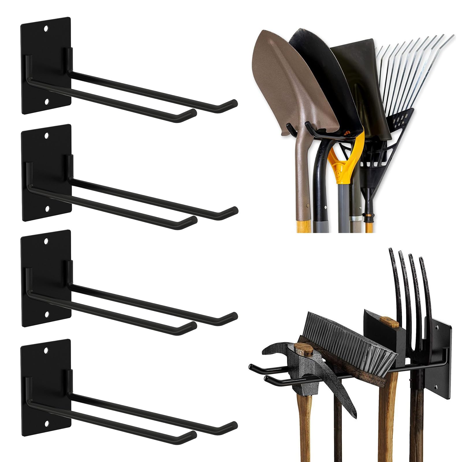 Livoravoli 4 Pack Garage Storage Hooks, Heavy Duty Wall Mounted Shed Garden Tool Storage Rack, Indoor Tool Organiser Hanging Rack for Shovels, Rakes, Brooms, Ladders