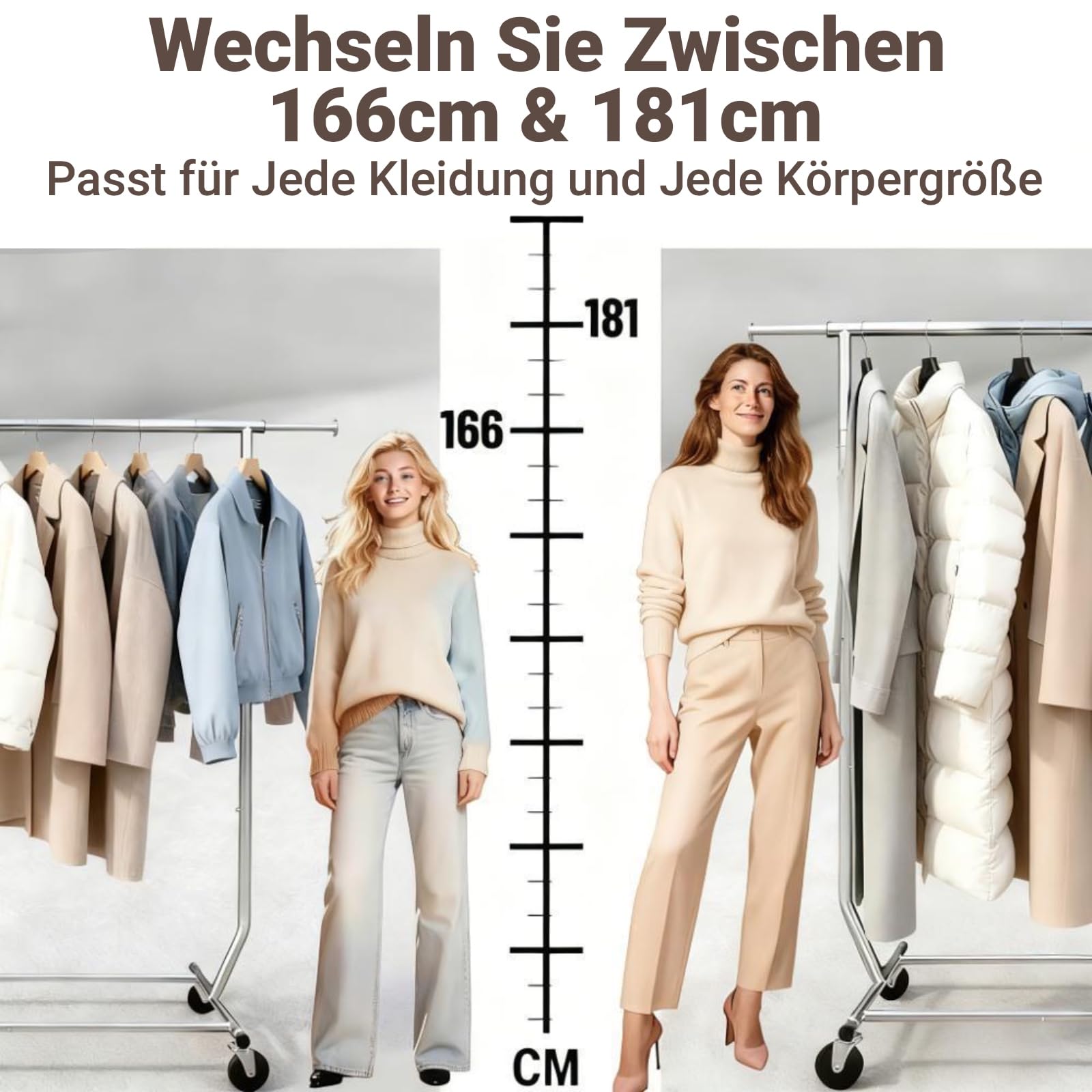Camabel Schwerlast Garderoben-Rollständer (130-189 cm verstellbar) mit Feststellbremse, 180 kg – Stabiler Metallständer mit Edelstahlrollen für Haushalt & Gewerbe (Mobile Kleiderstange)