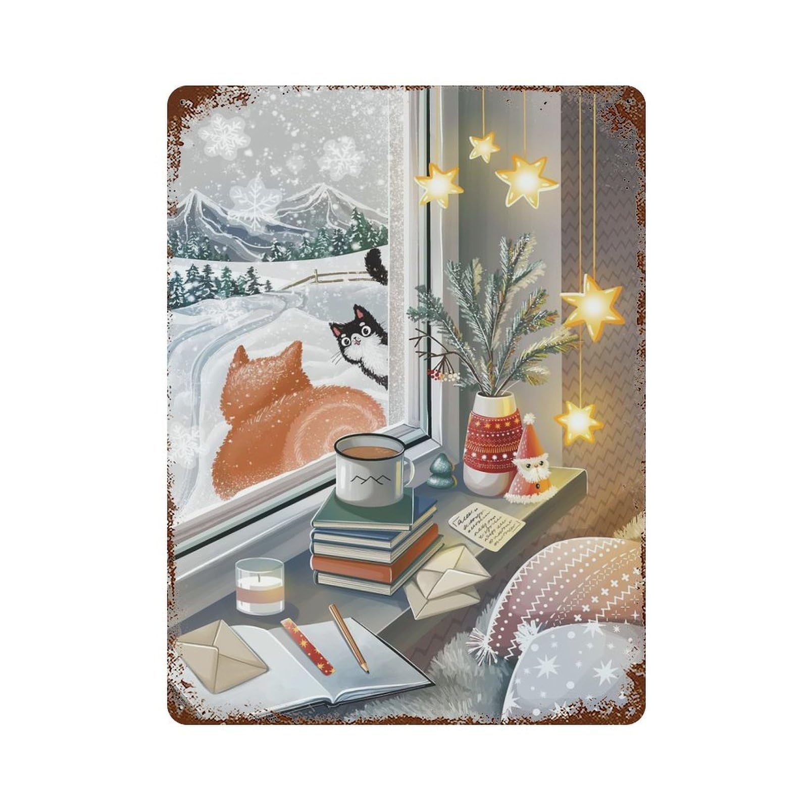 Morning Snow And Cats Rusty Metal Tin Sign 15.7"x11.8", Industrial Home Decor for Garage, Pub Or Kitchen