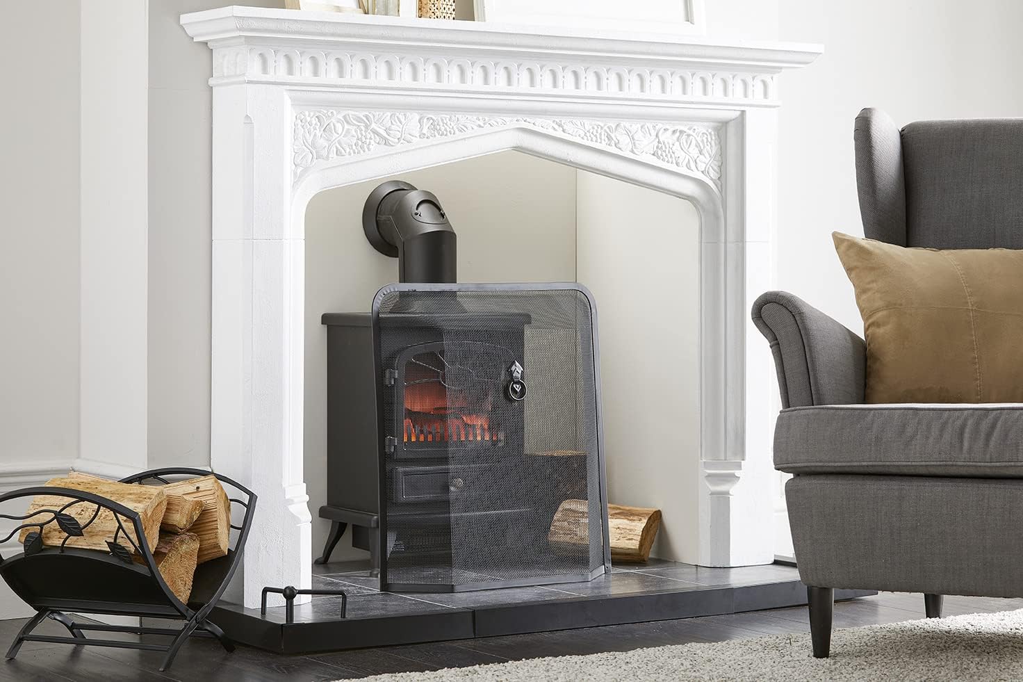 Black Metal Fire Guard – Fireside Screen With Black Ring Handle – Fireplace Safety Spark Guard, Open Fire, Log Burner Safe Spark Screen Fireguard Cover All Black - FIRE46