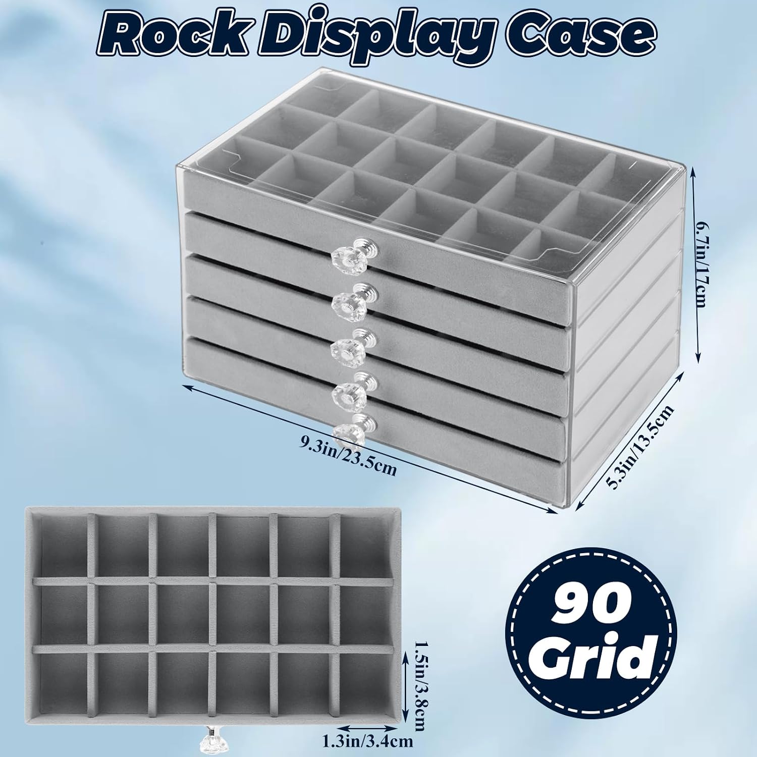 90 Grid Rock Display Case, Rock Collection Box for Kids, Rock Collection Crystal Fossil Display Case, Acrylic Clear Display Organizer for Gemstone Fossil Crystal Stone Collectibles