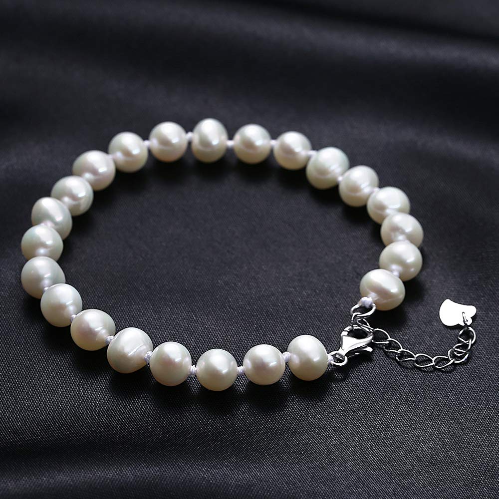 VIKI LYNN Perlenarmband Damen Hochwertige AAA Süßwasser-Zuchtperlen in ca. 7-8 mm Oval weiß 925 Sterling Silber Damen-Armband in Länge in ca. 17 +3.5 cm