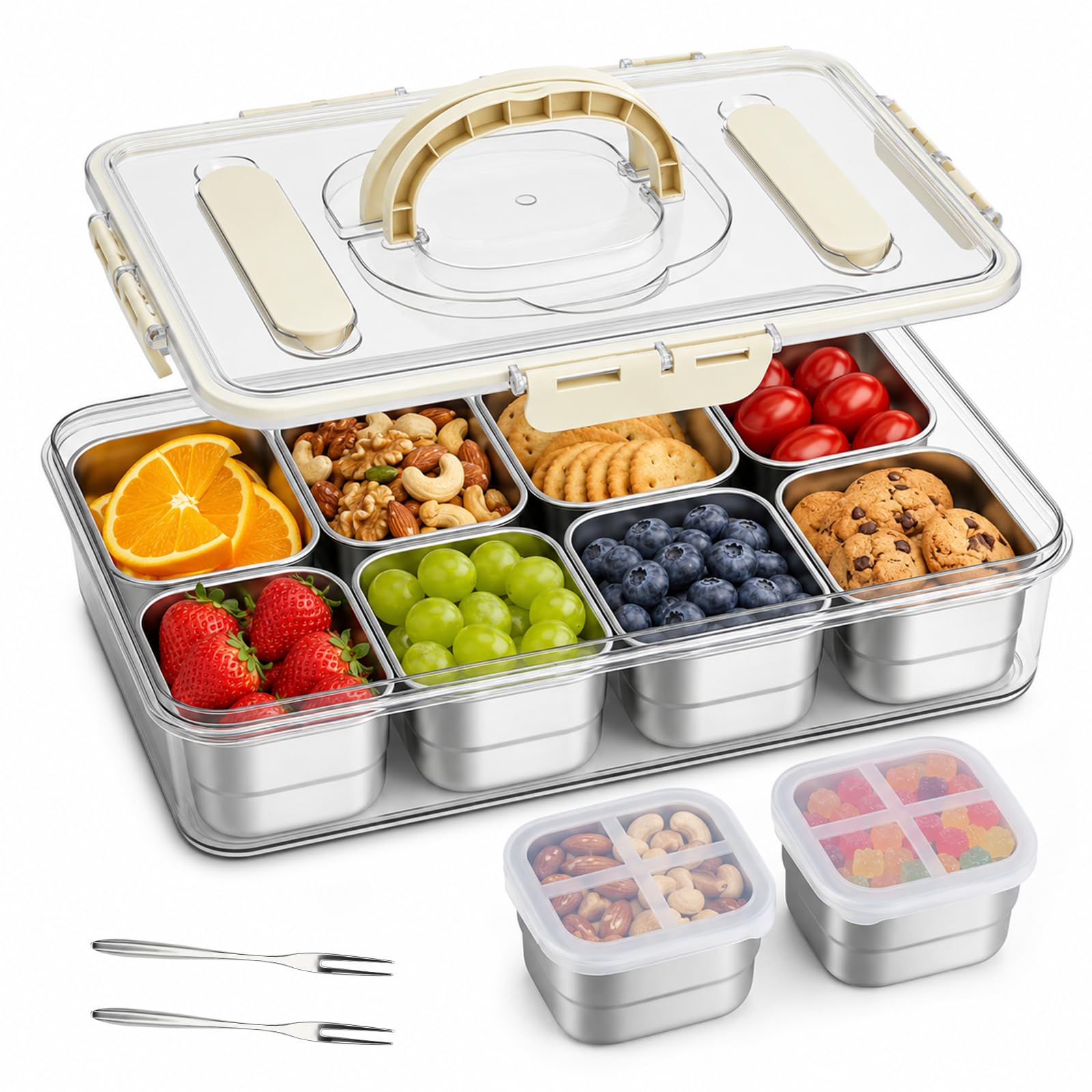 Snackbox mit 8 Edelstahl Fächern, Tragbar snack Aufbewahrungsbox, mit äußerer Deckel Besteckfach und Griff, Der 8 Snackteller hat eigenen Deckel, Auslaufsicherer Snackdose Organizer für Reise und Büro
