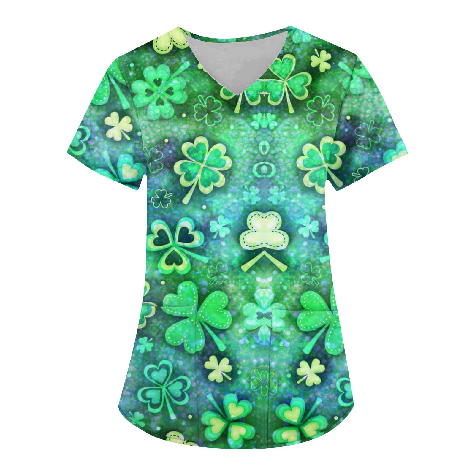 AMXYFBKWomens Plus Size Scrubs Tops Short Sleeve V Neck Nursing Uniforms St Patrick's Day Shamrock Printed Workwear Shirts