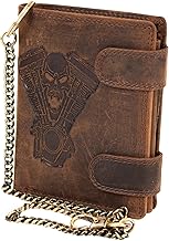 MDM Biker Genuine Leather Wallet with Metal Chain and Skull V-Twin Embossing, brown, biker