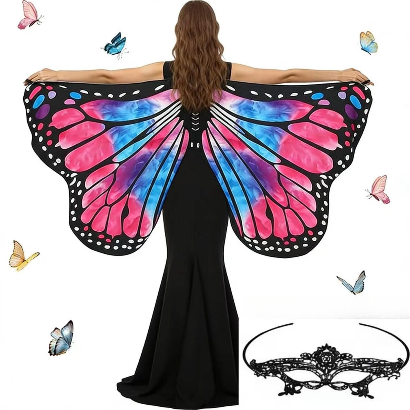 nsihing Butterfly Wings Adults,Womens Butterfly Wings Costume with Mask, Fancy Dress Up Costumes for Christmas, Halloween Cosplay (Gradient Rose Red Blue)