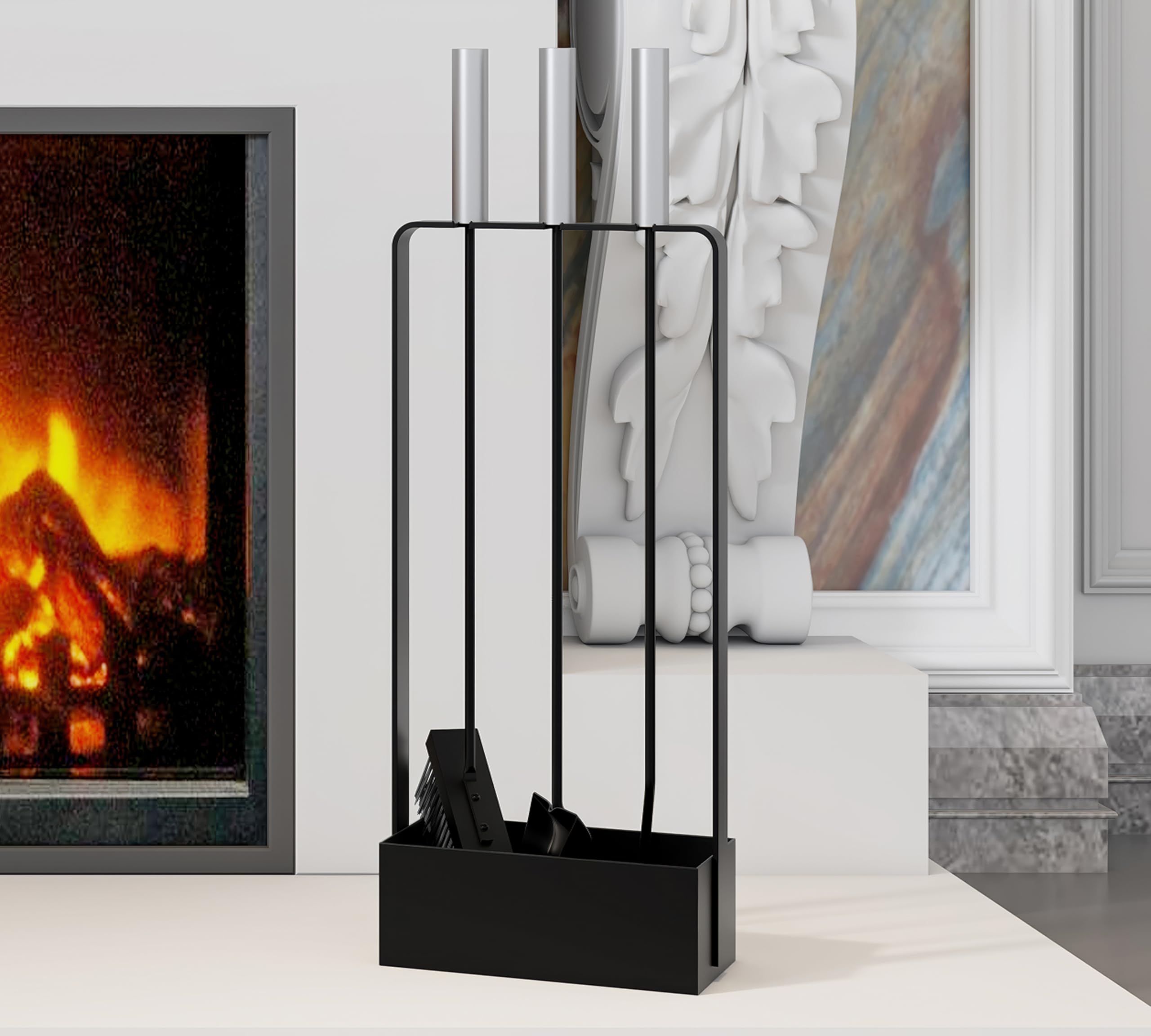 Kingson Set di attrezzi per camino con manici in acciaio inox, 3 attrezzi, 53 cm, supporto verniciato a polvere, colore: nero