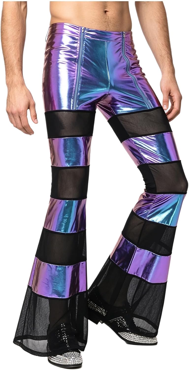 Men 60s 70s Bell Bottoms Faux Leather High Waisted Flare Leggings Hippie Pants Shiny Metallic Costume