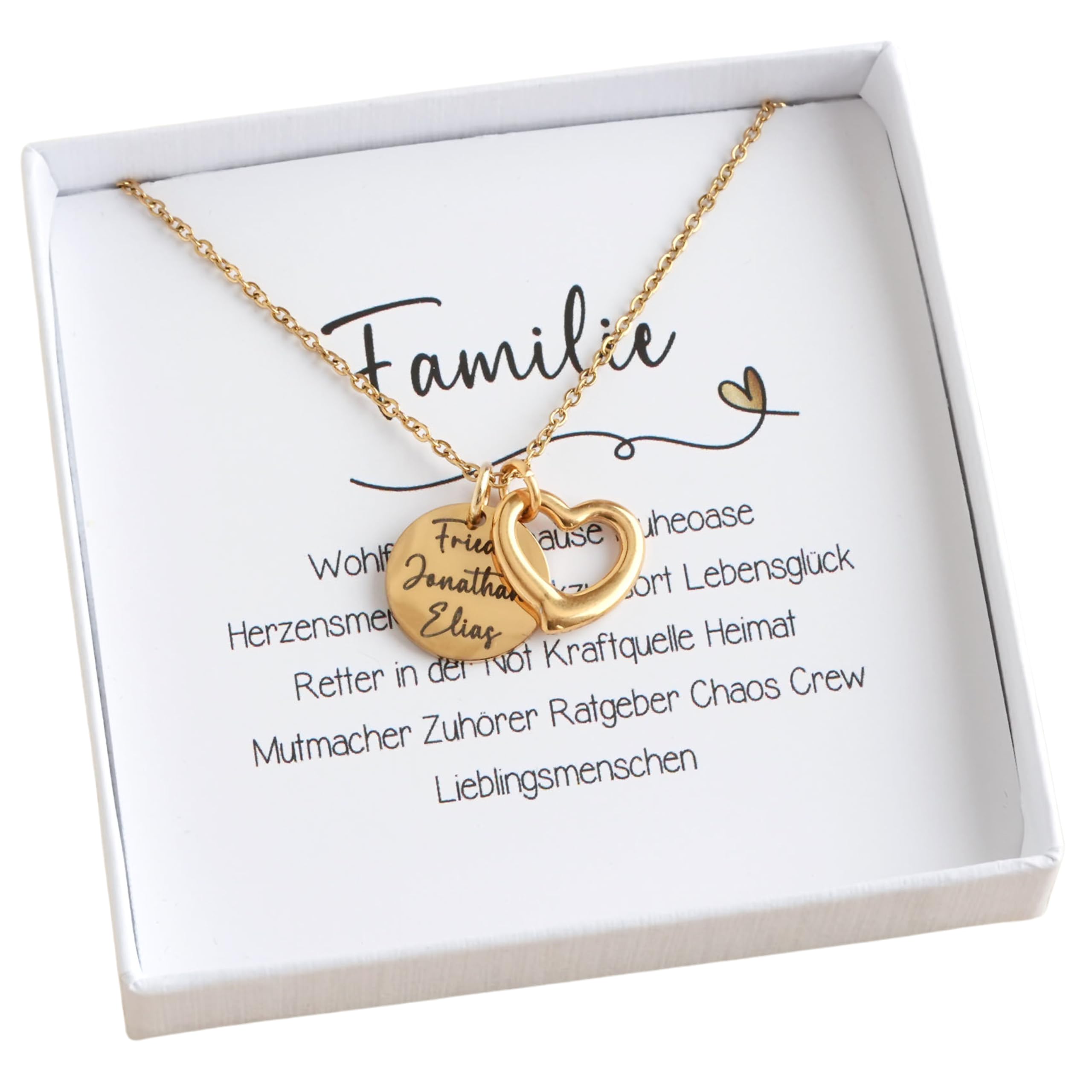Familienkette personalisierte Kette mit Namen Familie und Herz Anhänger Edelstahl Gold Silber Roségold mit Gravur personalisierter Schmuck Geschenk zum Geburtstag Muttertag