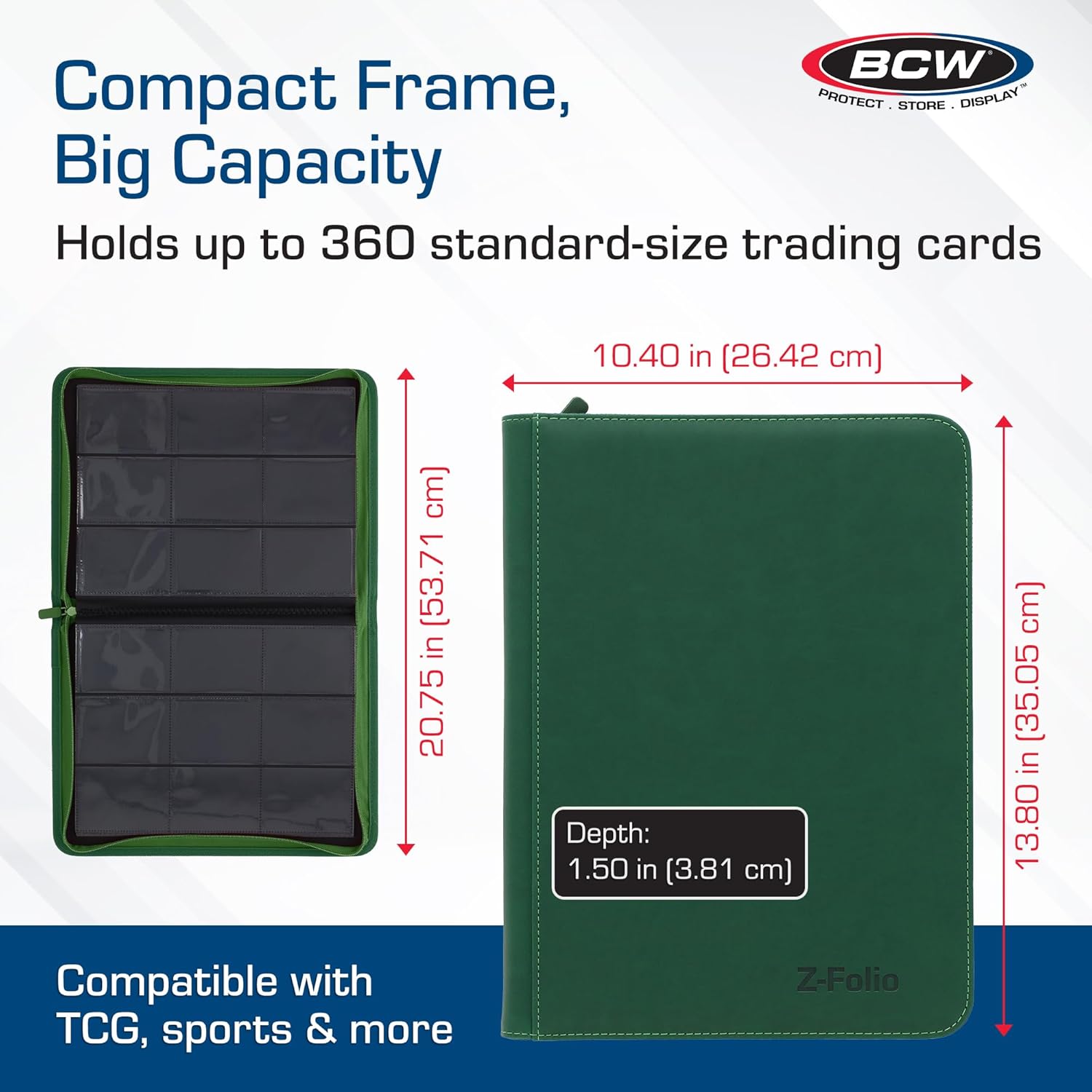 BCW Z-Folio 9-Pocket LX Album - Green | Secure Zipper Card Organizer | Premium Leatherette Card Collection Binder | Trading Card Binder for Pokemon, MTG, Sport Cards and More