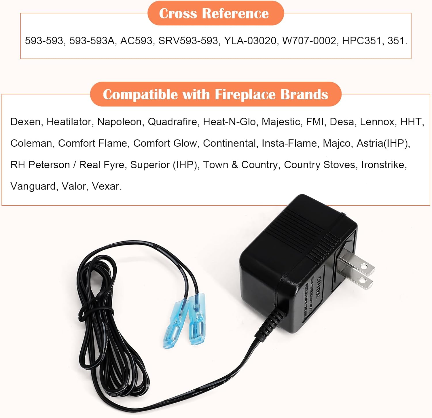 Hiorucet 593-593 Wall AC Adapter Power for Dexen Fireplace IPI Electronic Ignition Module, 120V to 3 V Transformer 593-593A, AC593, SRV593-593, YLA-03020, W707-0002, HPC351, 351Class 2 Power Supply.