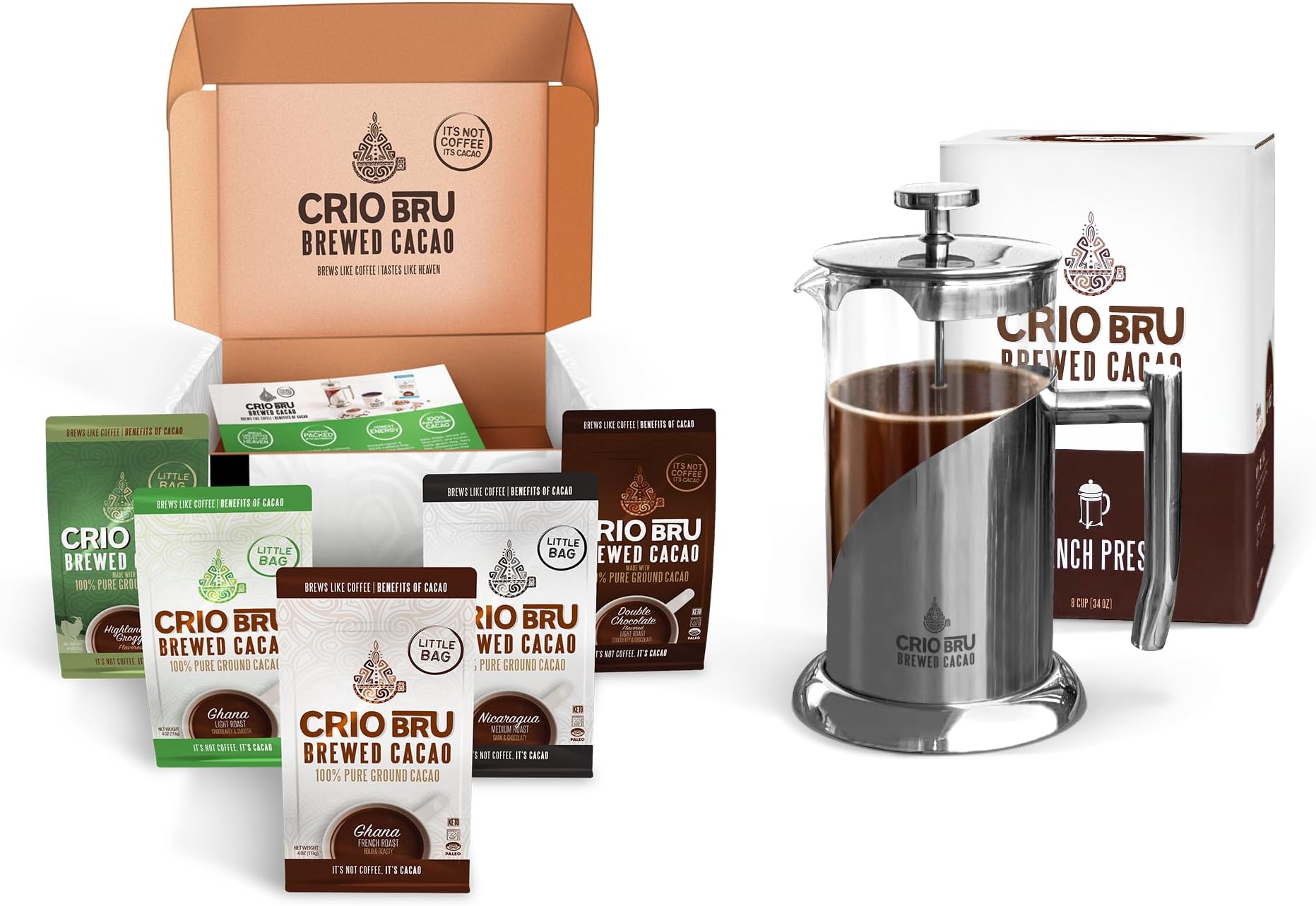 Sampler Starter Kit/Set (5 Varieties) | Natural Healthy Brewed Cacao Drink | Great Substitute to Herbal Tea and Coffee | 99% Caffeine Free | Keto Whole-30 Honest Energy Brew And Enjoy Hot or Iced (Set (Incl. French Press))