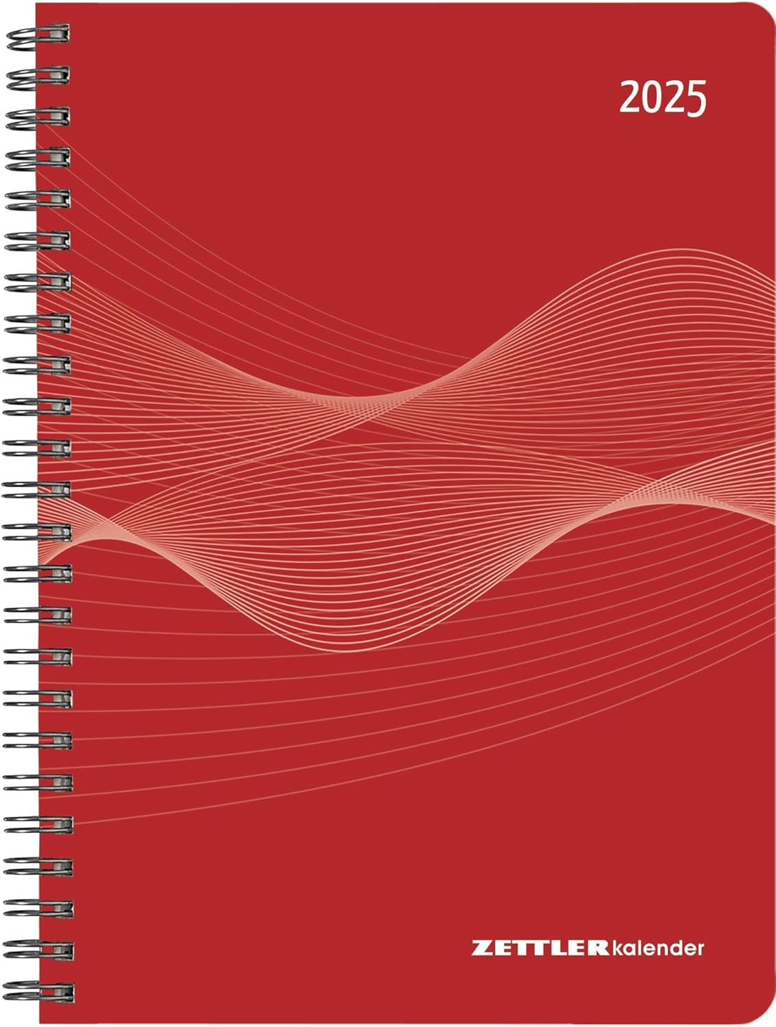 Zettler - Weekly Planner 2025 Red, 15 x 21 cm, Pocket Calendar with 128 Pages, 1 Week on 2 Pages, Address Part, Ring Binding, Monthly Overview, Moon Phases and German Calendar