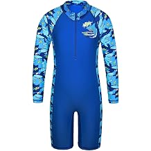 TFJH E Boys Long Sleeve One Piece Swimsuit UPF 50+ Front Zipper Rash Guard for Beach, Ages 2-12