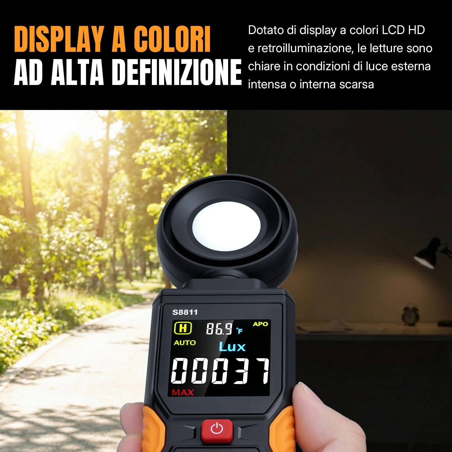 Mcbazel Misuratore di Luce Digitale, Lux/FC 200.000 Misuratore di Illuminazione ad Alta Precisione con Sensore Ruotabile a 270° e Display a Colori HD con Temperatura Ambiente per Piante, Fotografia