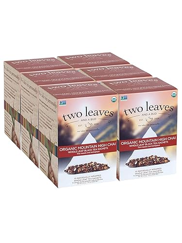 Two Leaves and a Bud Organic Mountain High Chai - Bolsas de té de hoja entera y especias en bolsitas 15 unidades paquete de 6
