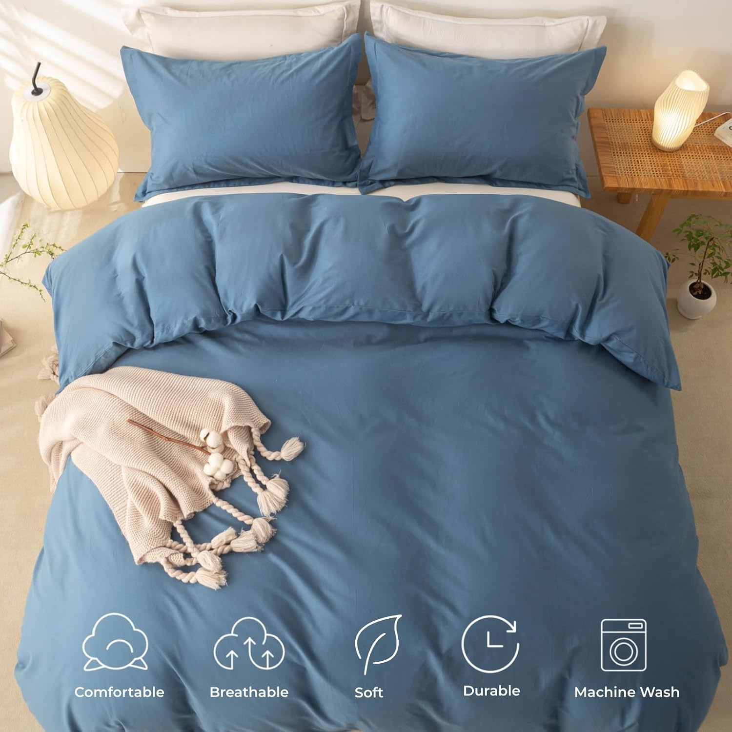 OAITE Duvet Cover Set 100% Washed Cotton Solid 3pcs image 4