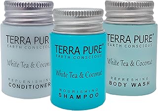 Terra Pure White Tea and Coconut Shampoo, Conditioner and Body Wash, Travel Size Hotel Amenities, 1 oz. (Case of 100)