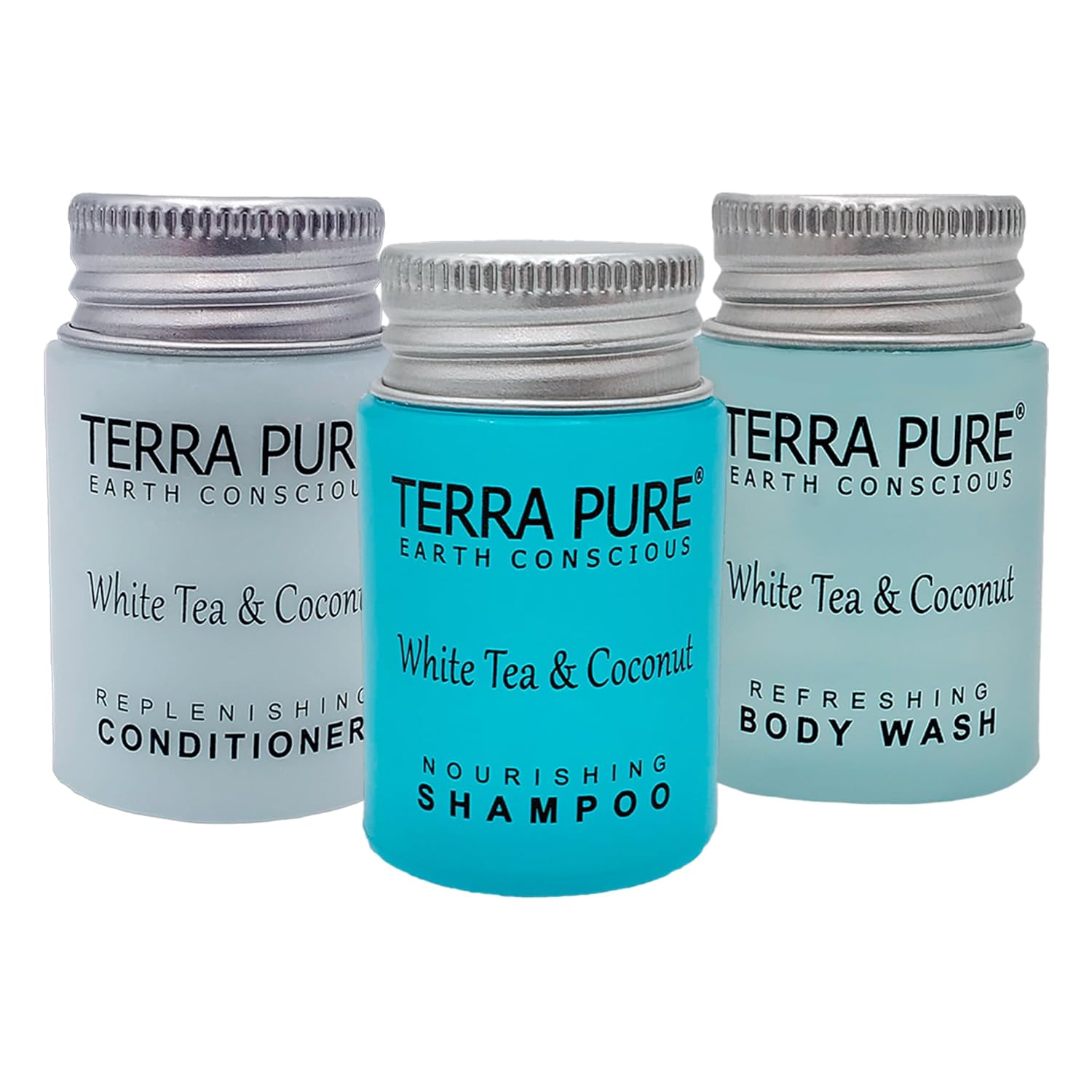 Terra Pure White Tea and Coconut Shampoo, Conditioner and Body Wash, Travel Size Hotel Amenities, 1 oz. (Case of 300)