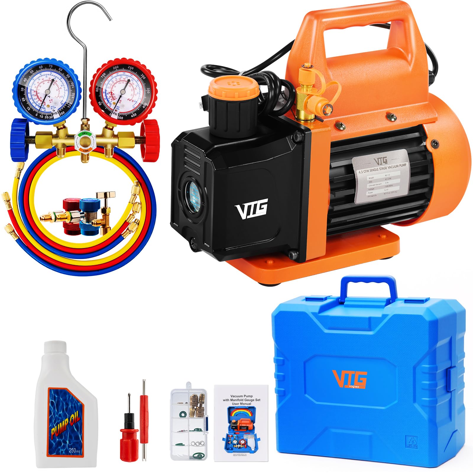 4.5 CFM AC Vacuum Pump and Gauge Set,for Mini Split,HVAC,Auto Systems,Manifold Gauge Kit Compatible with R134a R12 R22 R502,Includes 3 Hoses,R134a Can Tap,Upgraded Trifold Storage Case