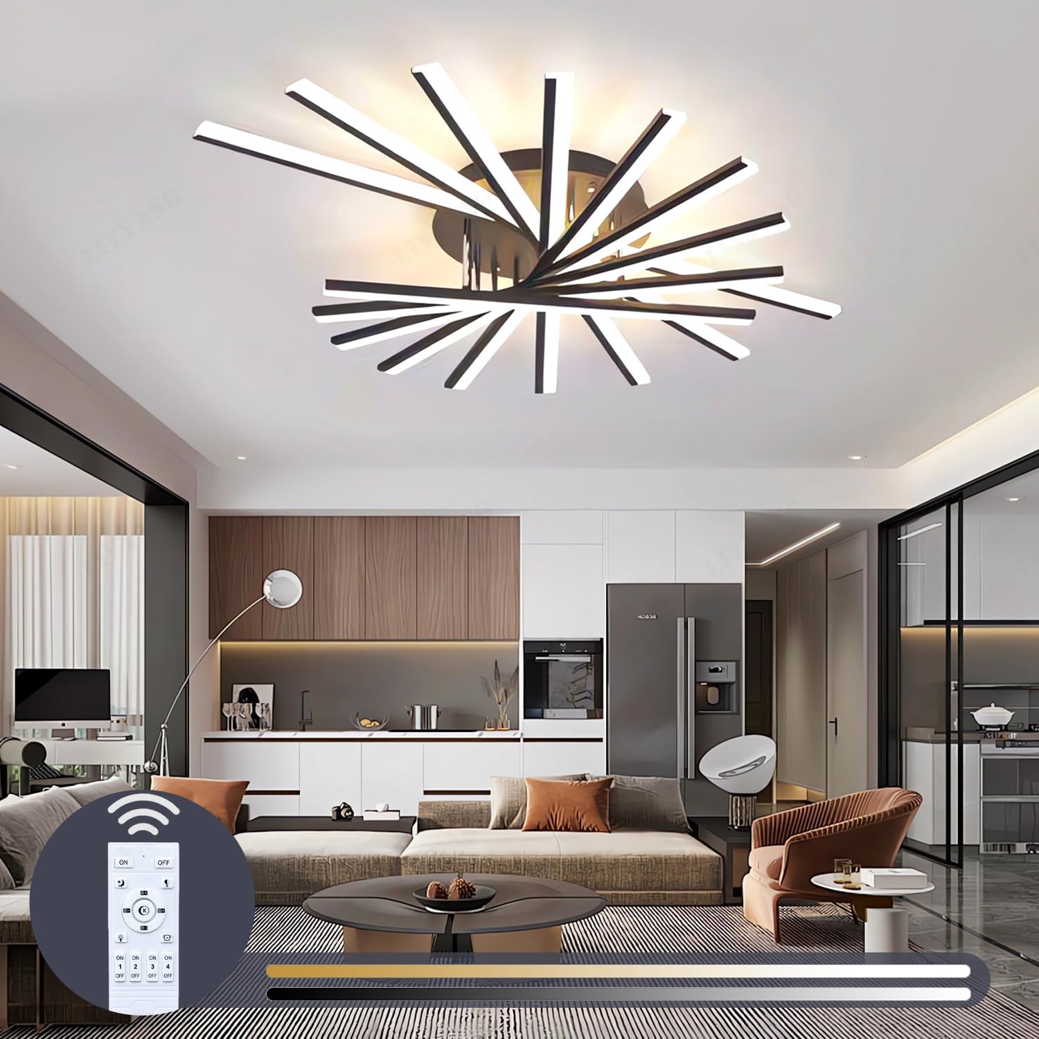 Dimmbare LED Deckenleuchte Moderne Deckenbeleuchtung mit Fernbedienung Deckenlampe Große Wohnzimmer Decke Licht Kreative Rundleuchte für Schlafzimmer Esszimmer Büro Küche (Schwarz, 9 Köpfe)