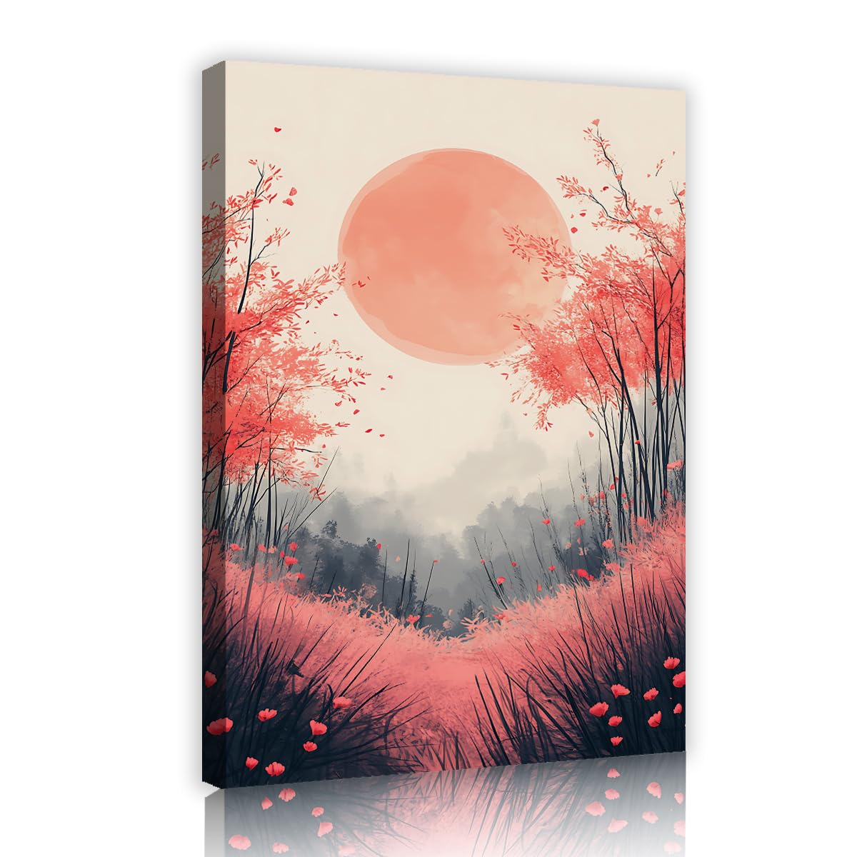 TOANGWALL Pink Sunset Canvas Wall Art Red Forest Landscape Painting Autumn Meadow Mural Pictures Artwork Modern Framed Poster Prints For Living Room Bedroom Decor 80x120cm
