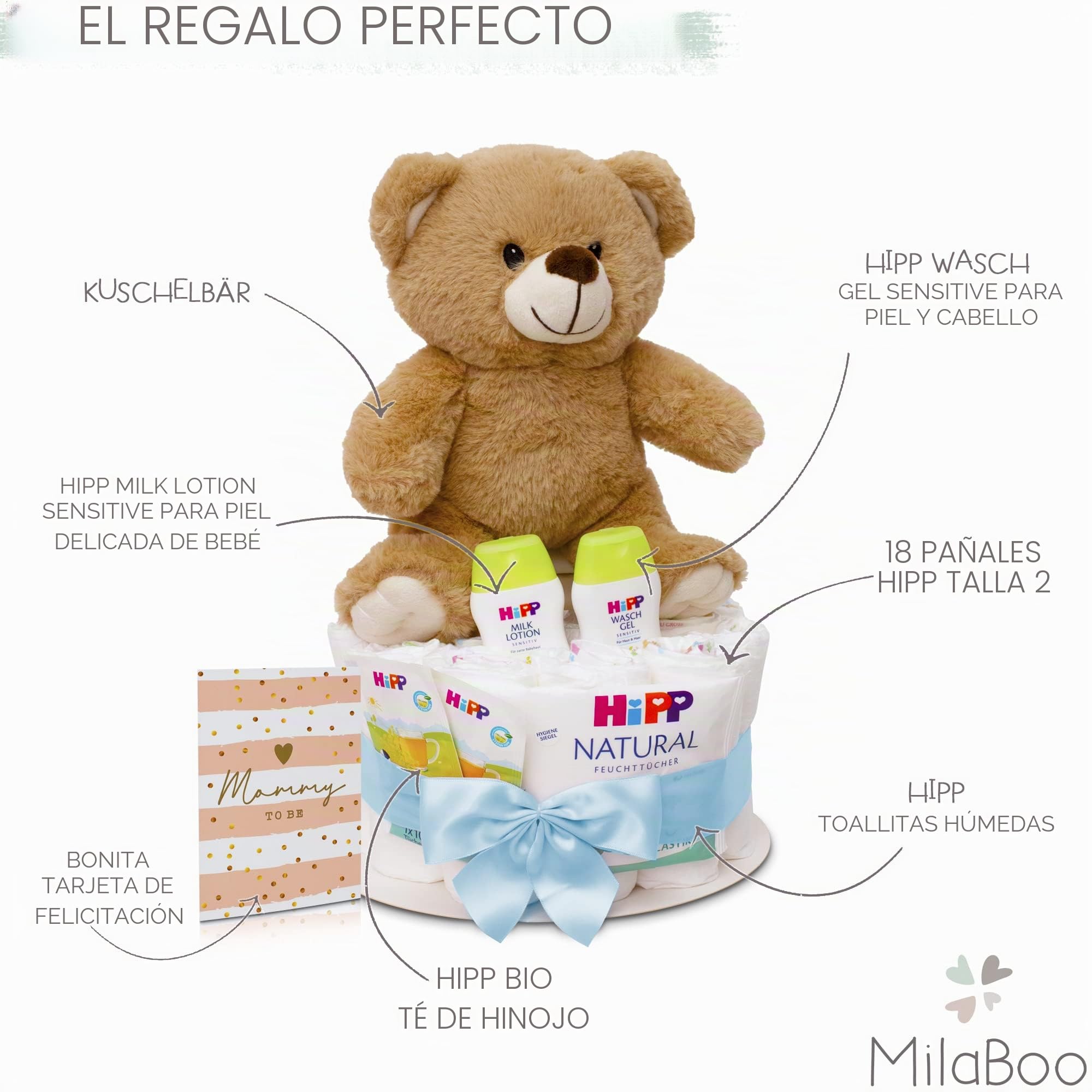 MilaBoo® Tarta de pañales beige con oso de peluche pequeño I regalo recién nacido de alta calidad con pañales y productos de Hipp (beige pequeño)