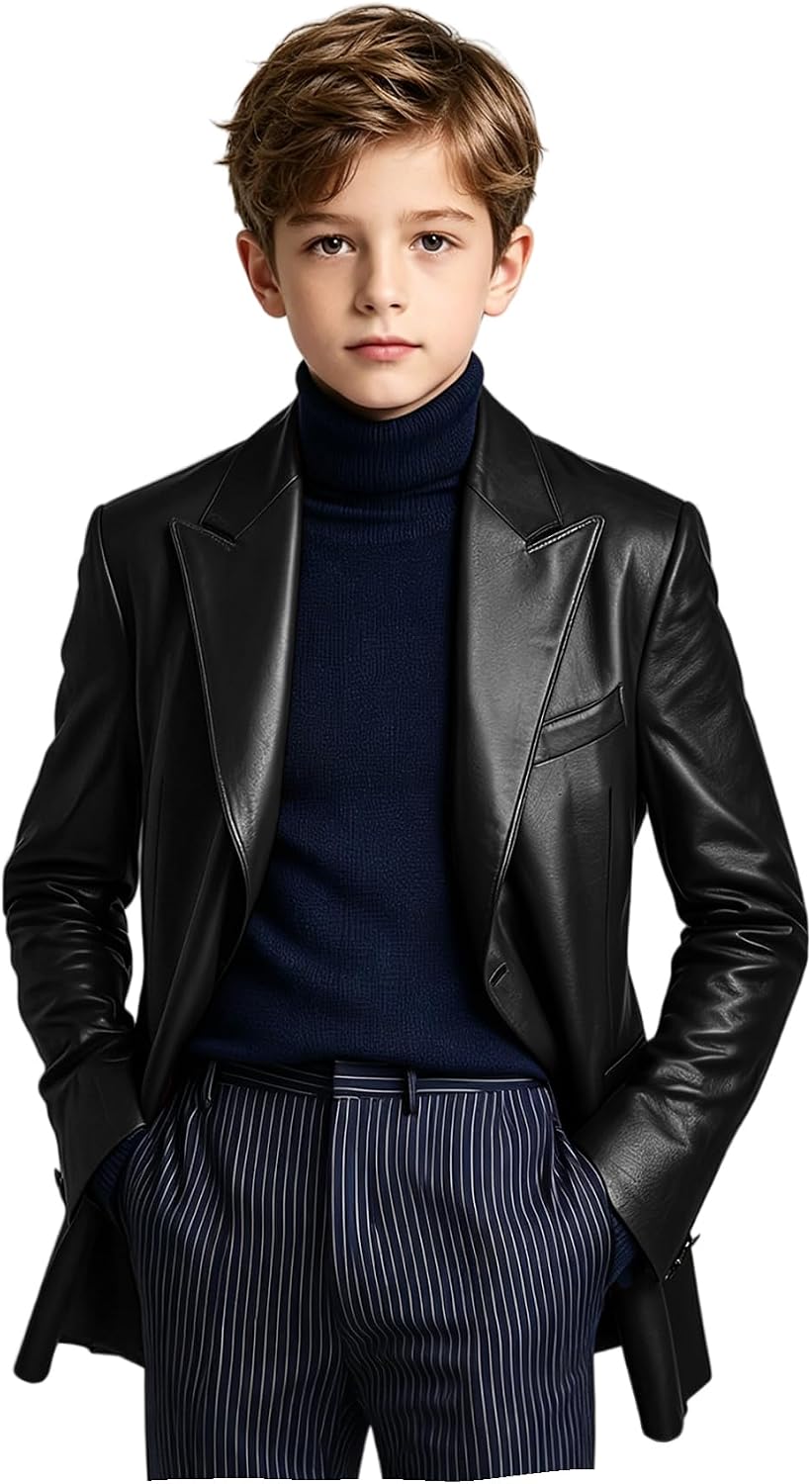 VENNYNG Boys PU Leather Blazer Jacket Toddler Vintage Dress Clothes Stylish Suit Coat Wedding Party Photo
