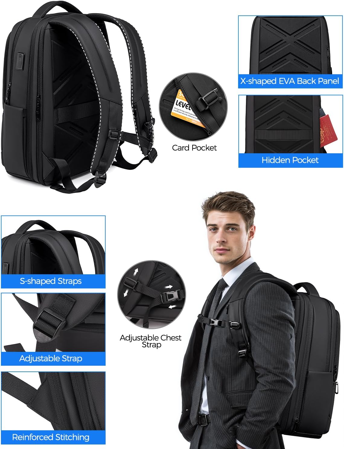 Expandable Travel Laptop Backpack, 15.6 Inch Computer Backpack with USB Charging Port, Water Resistant Black Mens Laptop Bag - Image 6