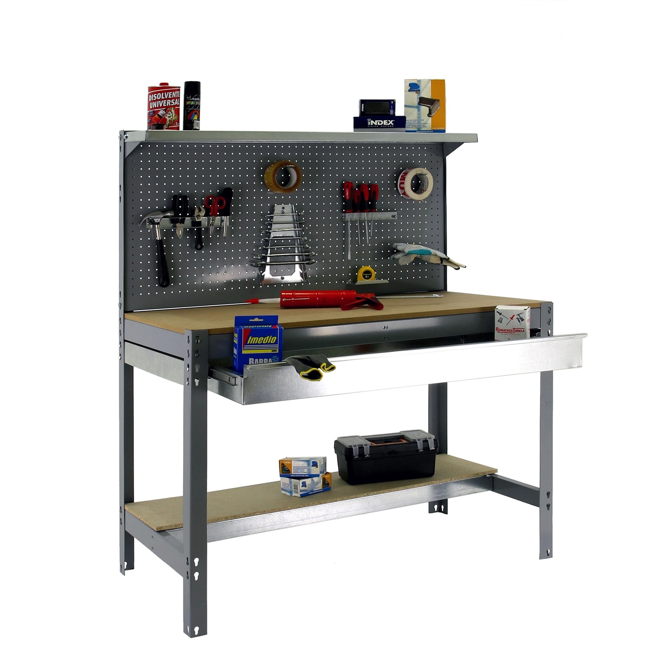 SimonRack Etabli d’Atelier, Capacité de Charge 600 kg, 1445x1210x610 mm, Panneau Perforé avec 1 Étagère, Étagère Tiroir de Rangement, Table de Travail Bricolage, Gris/Bois - BT3