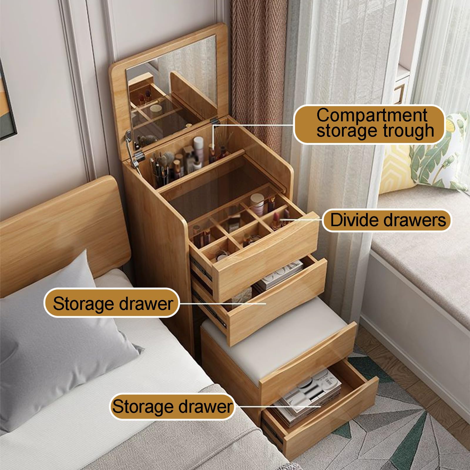 Schminktisch, Holztisch mit Klappspiegel, Schminkhocker mit Ablage, Ankleideset mit 3 Schubladen, LED-Beleuchtung, Schreibtisch und Nachttisch für Schlafzimmer und Wohnzimmer