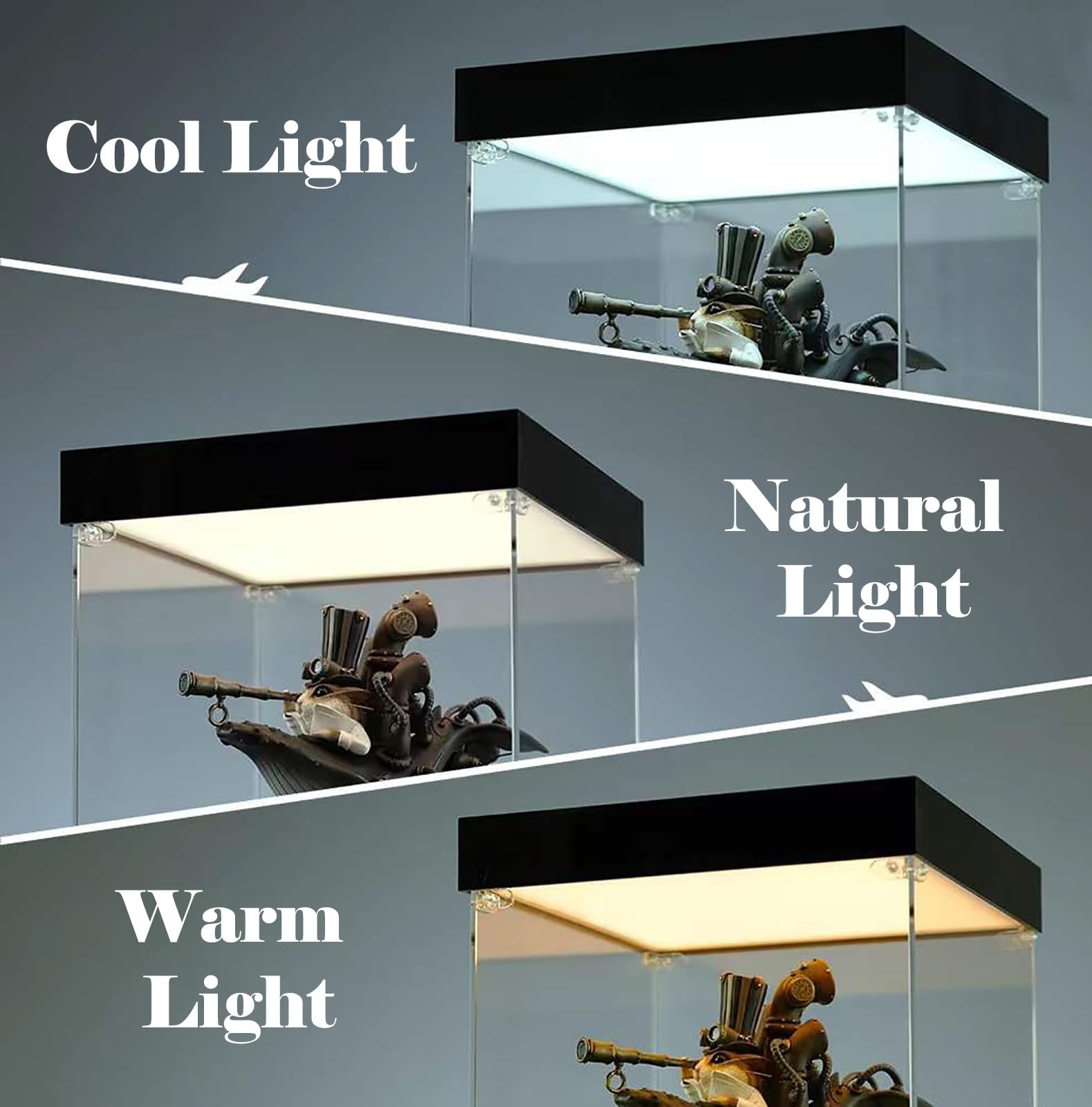 Vetrina Espositiva Vetrina in Acrilico con Doppio LED e Illuminazione Superiore e Inferiore, Teca Trasparente Antipolvere per Oggetti da Collezione(Natural,35x35x35cm)