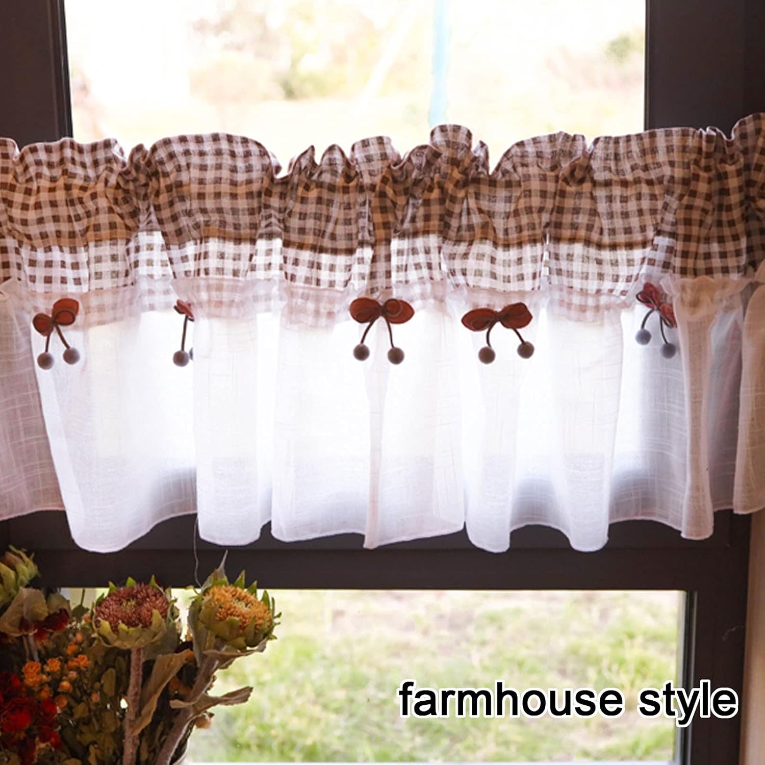 Semi-Blackout Curtains, Lattice Texture Curtains with Bow Decoration, Suitable for Kitchen, Bedroom, Living Room Curtains