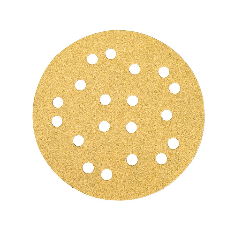 Mirka Gold Papel de lija universal Ø 125mm Velcro 19 agujeros / grano P150, 100 piezas / Para lijar yeso, masilla, aglomerado, madera, barniz