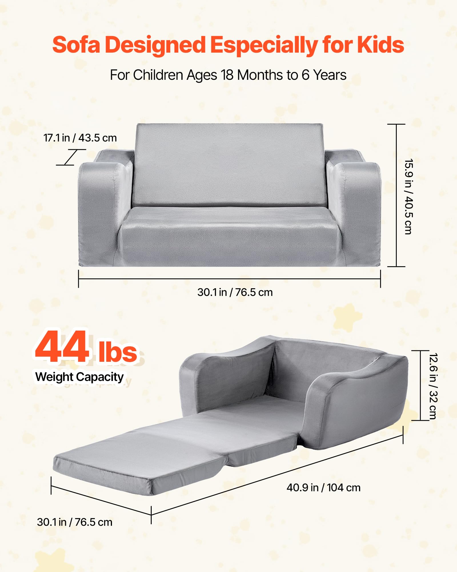 VEVOR Divano per Bambini Pieghevole, Poltroncina per Bambini in Spugna 28D Divano Reclinabile Pieghevole Poltroncina Letto 18 mesi - 6 anni, Poltrona Colore Grigio