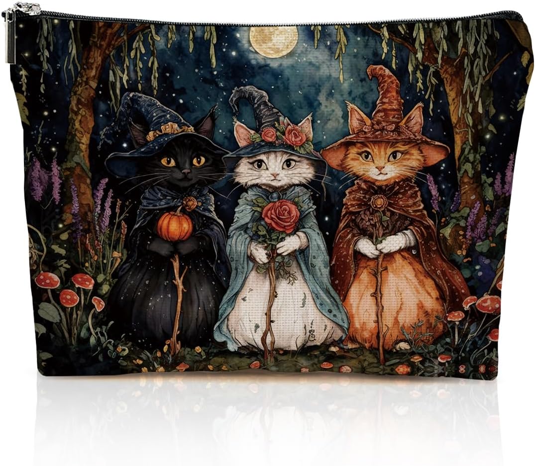 Retro Night Cat Wizard Makeup Bag, Cats Gifts Cosmetic Makeup Pouches with Zipper Travel Office Makeup Cosmetic Bags, Toiletry Organizer Pouch, Cat Lover Gifts for Cats Lovers