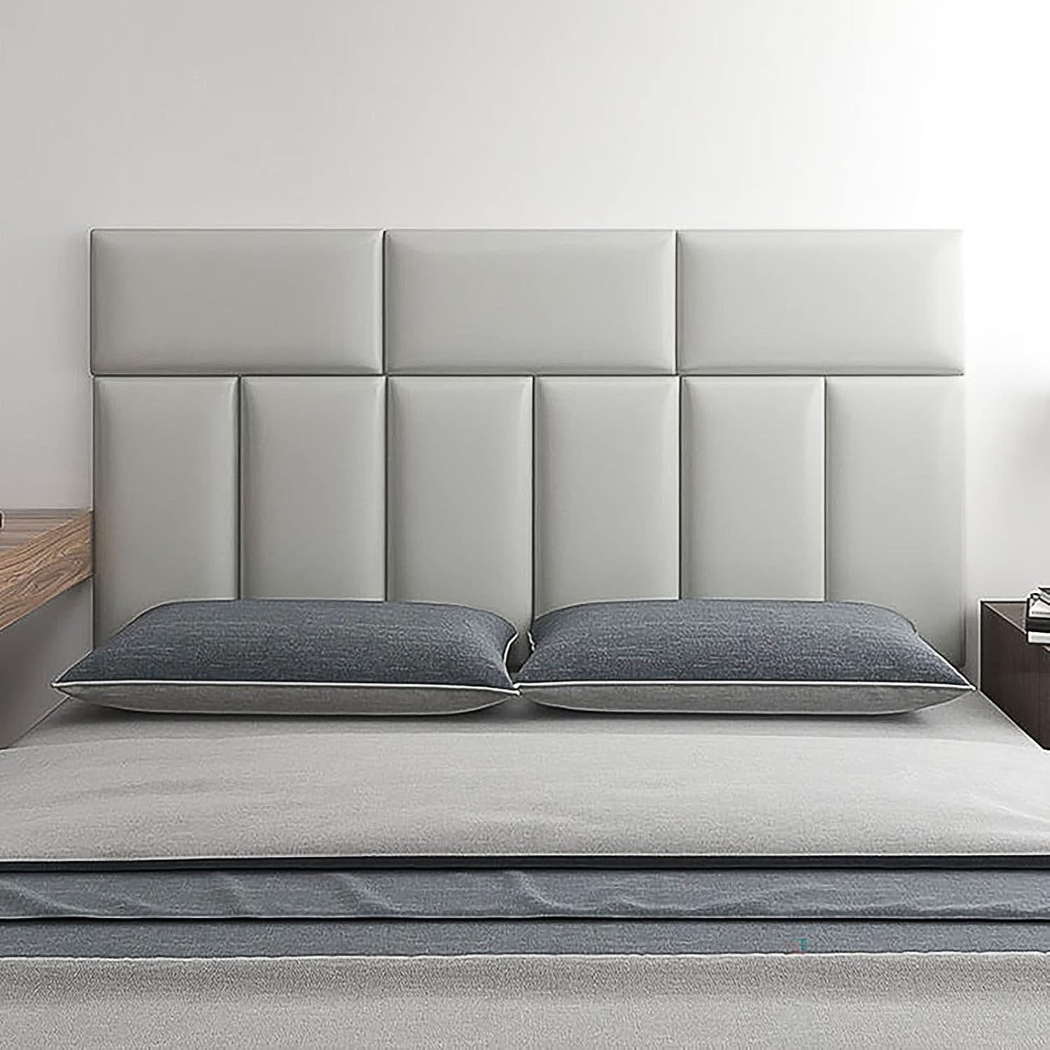 3D Anti-Collision Wall Padding, Peel & Stick Upholstered Panels, Queen Headboard, Playroom Decorative Protection, Pack of 2 Panels - 23.6' X 11.8' (Light Grey)