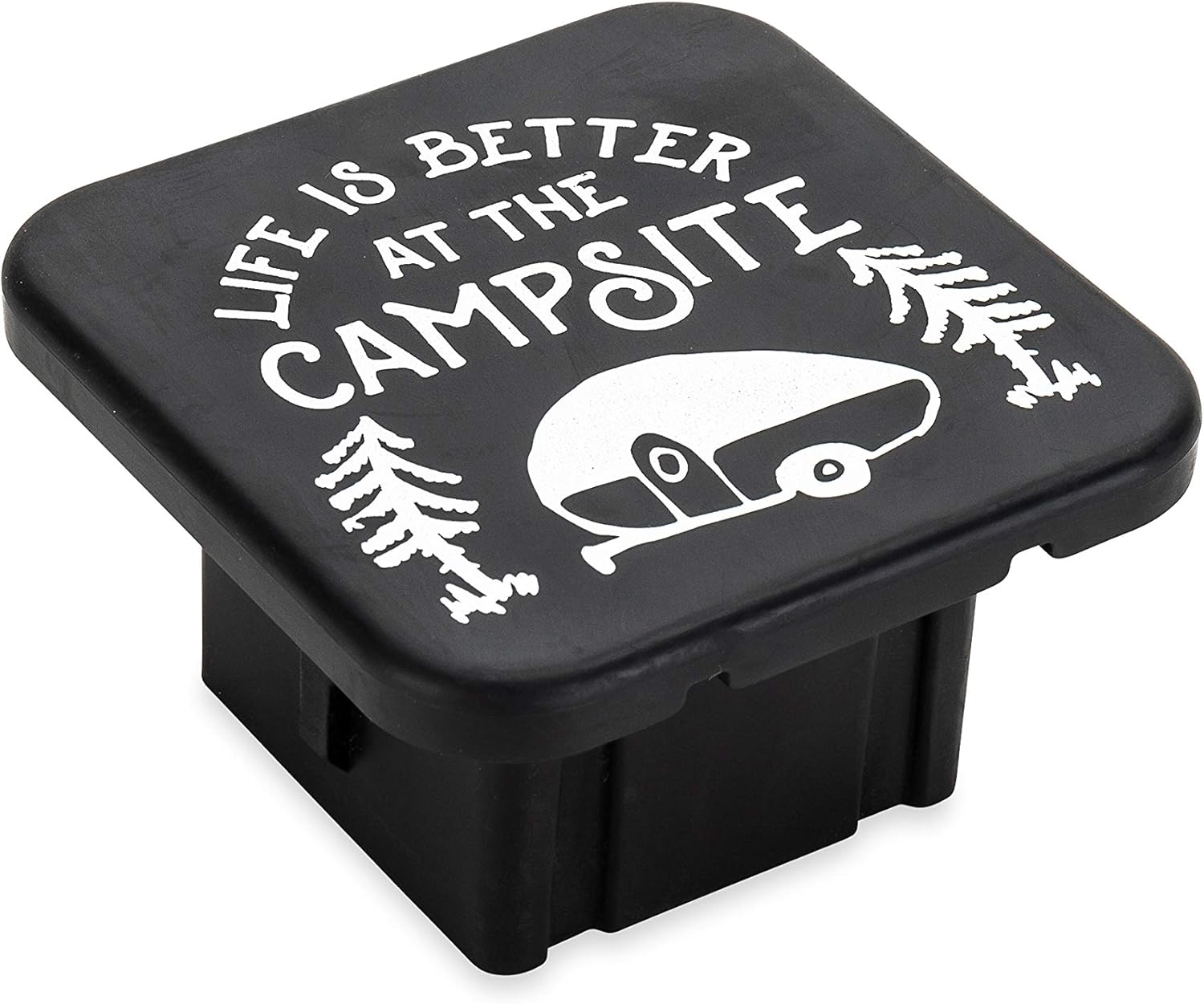 Camco Life is Better at The Campsite Hitch Receiver Cover | Protects Your Trailer Hitch Receiver from Debris, Dirt, Water and Rust | Life is Better at The Campsite Sketch Logo, Black/Silver (53410)