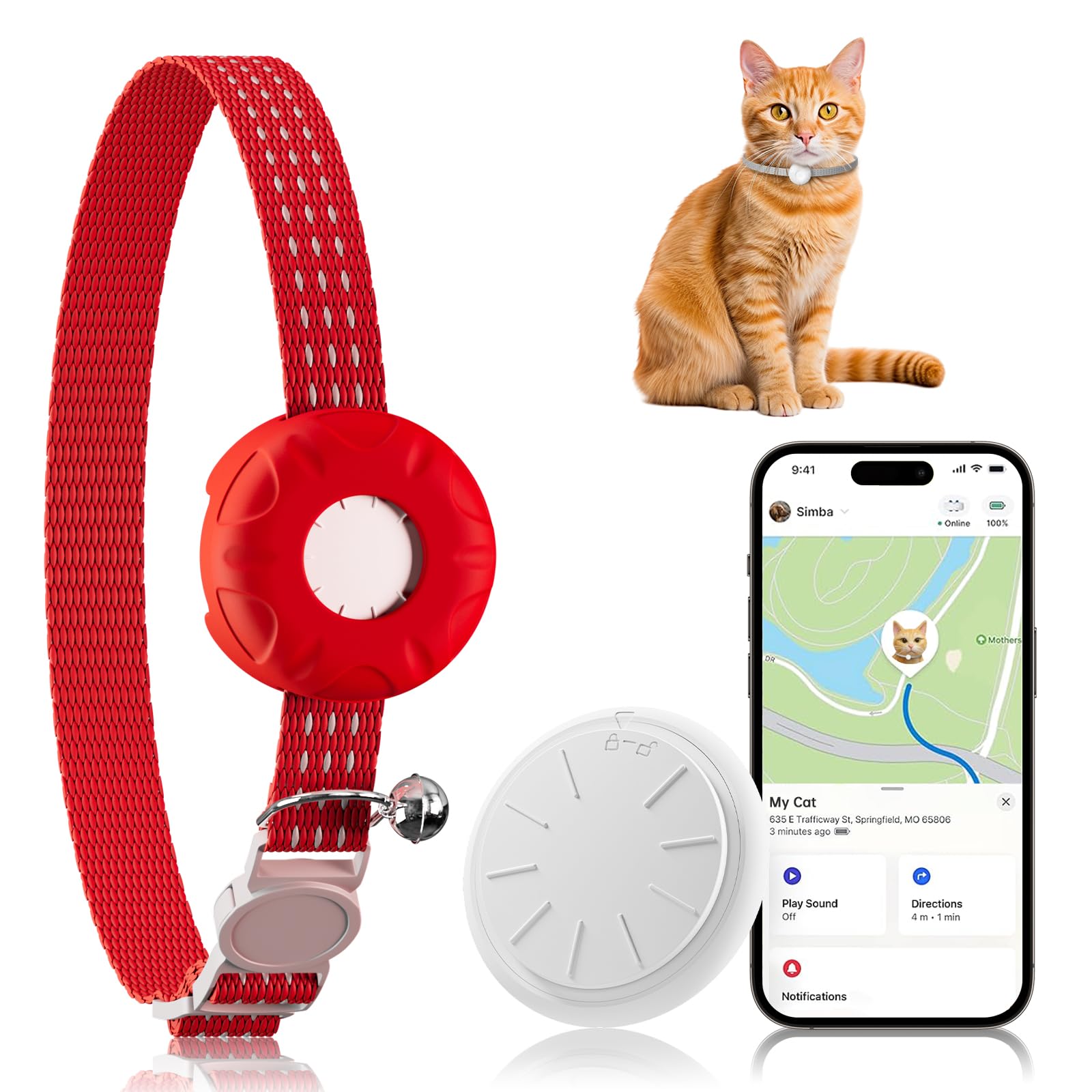 Collier de suivi pour chat avec boucle élastique de sécurité, fonctionne avec n'importe quel collier, compatible avec l'application Apple Find My (uniquement iOS), pas de frais mensuels, étanche