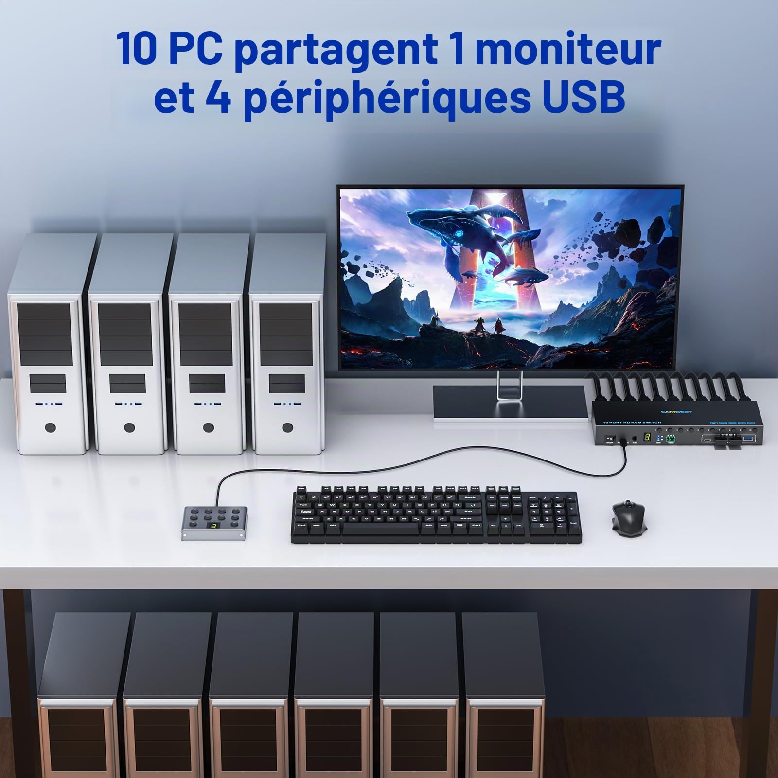 10 PC 8 PC KVM Switch HDMI 4K@60Hz EDID Analogique, 10 Port Commutateur KVM HDMI USB 3.0 pour 10 PC Partager 4 Périphériques USB et 1 Moniteur, Audio, RS232,Avec câble USB 10,Contrôleur de Bureauet